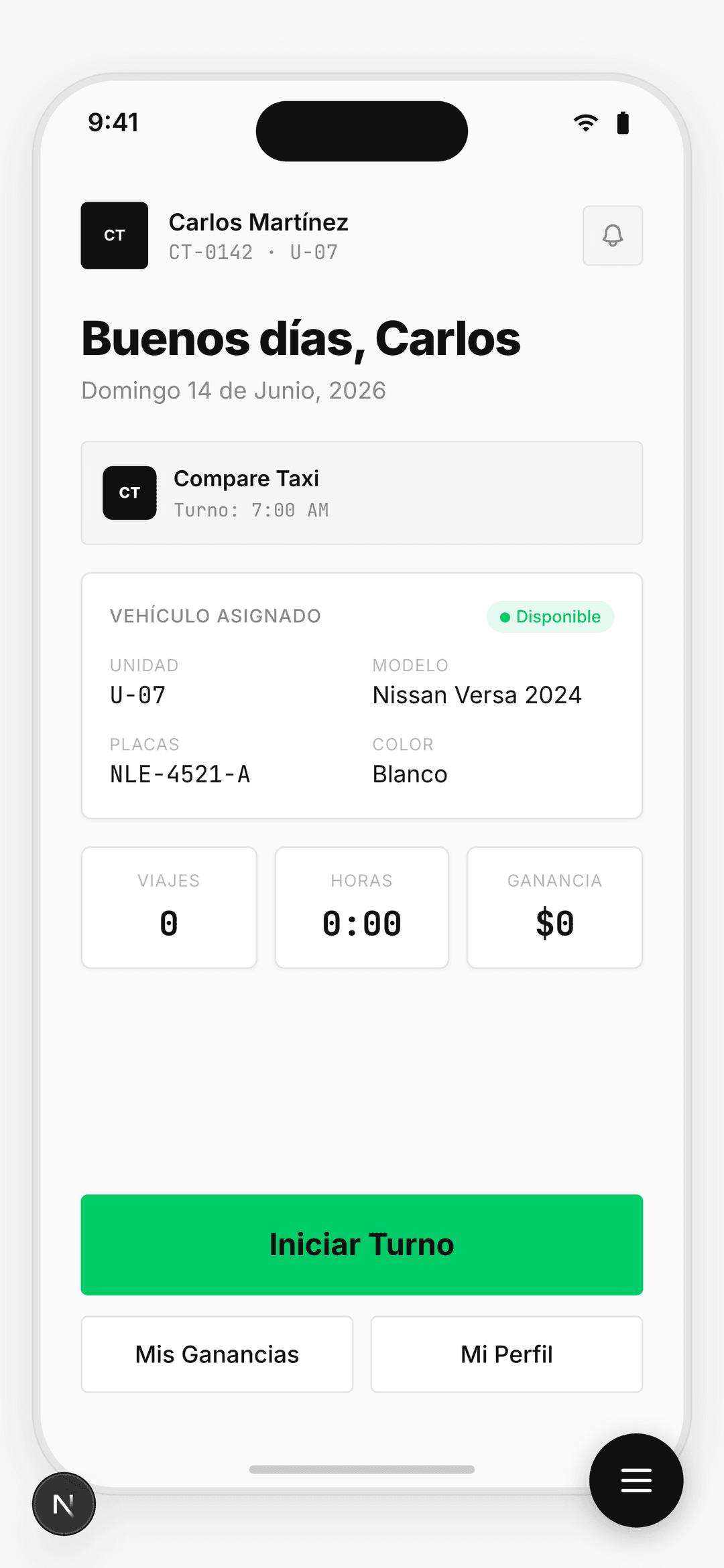 App para chofer de taxi MexMob — inicio de turno y datos de vehículo